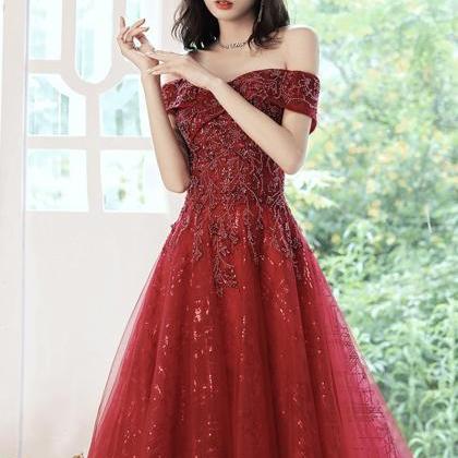 Burgundy Tulle Beads Long A Line Prom Dress..