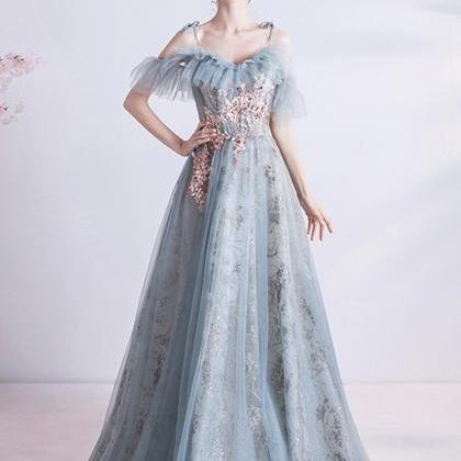 Blue Tulle Sequins Long A Line Prom Dress Evening..