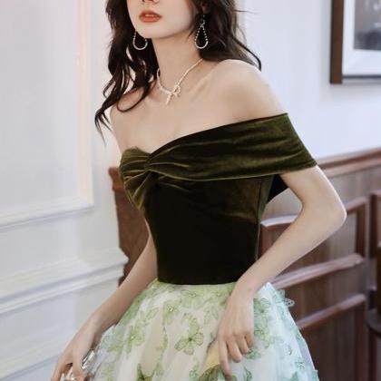 Green Velvet Tulle Long A Line Prom Dress Evening..