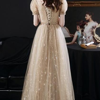 Gold Tulle Beads Long A Line Prom Dress Evening..