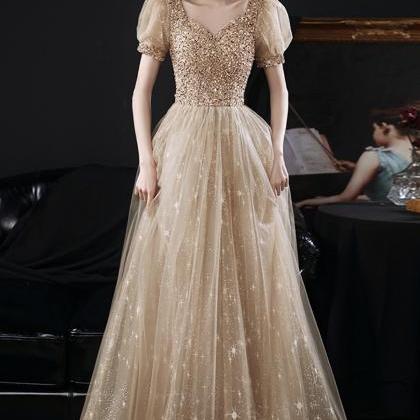 Gold Tulle Beads Long A Line Prom Dress Evening..
