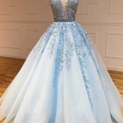 Blue Tulle Lace Long A Line Prom Dress Evening..