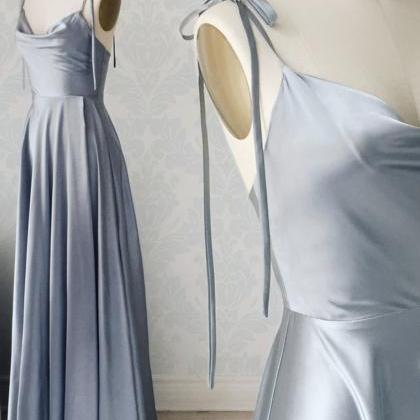 Gray Satin Long A Line Prom Dress Simple Evening..