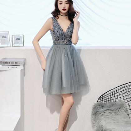 Gray Tulle Beads Short Prom Dress Fashion Dress