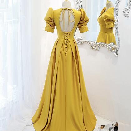 Yellow Satin Long A Line Prom Dress Evening Dress