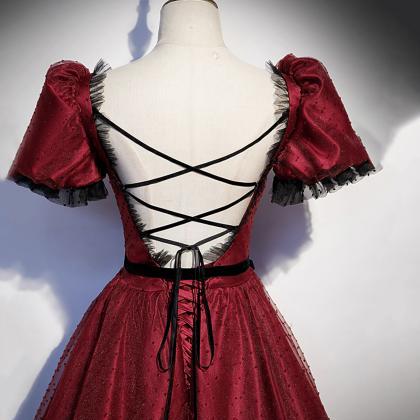 Burgundy Tulle Long A Line Prom Dress Evening..