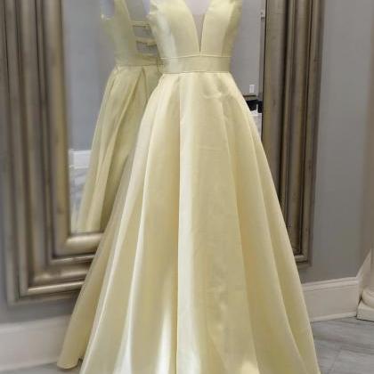 Yellow Satin Long A Line Prom Dress Simple Evening..