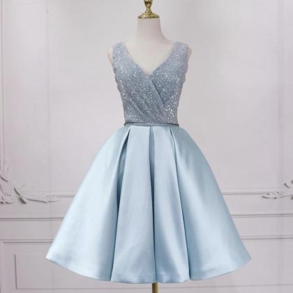 Blue V Neck Sequins Short Prom Dress Blue Evening..