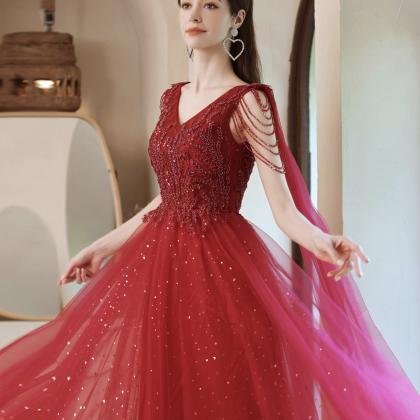 Red Tulle Beads Long A Line Prom Dress Evening..