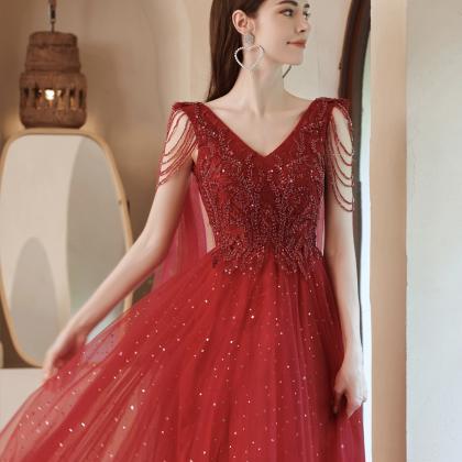 Red Tulle Beads Long A Line Prom Dress Evening..
