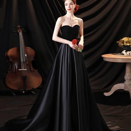 Black Satin Long A Line Prom Dress Black Evening..