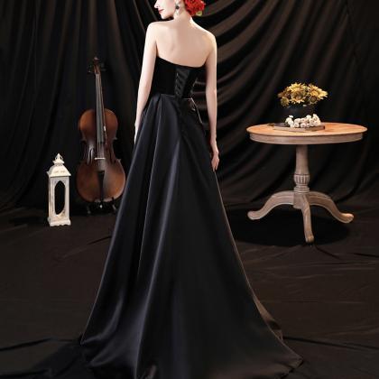 Black Satin Long A Line Prom Dress Black Evening..