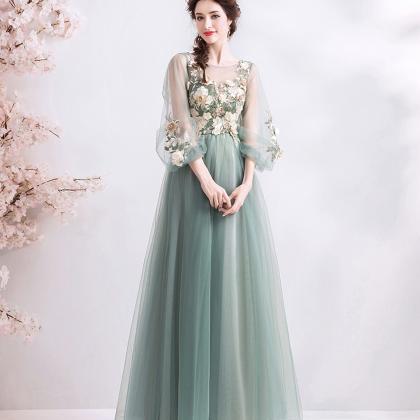 Green Tulle Lace Long A Line Prom Dress Evening..