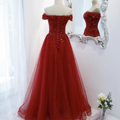 Red Tulle Sequins Long A Line Prom Dress Evening..