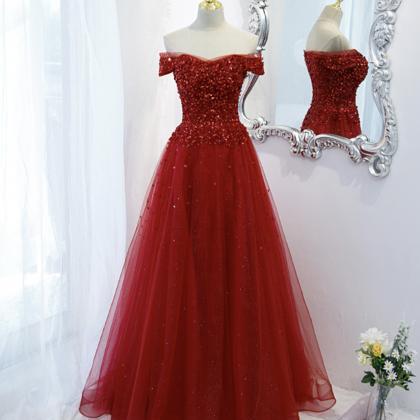 Red Tulle Sequins Long A Line Prom Dress Evening..