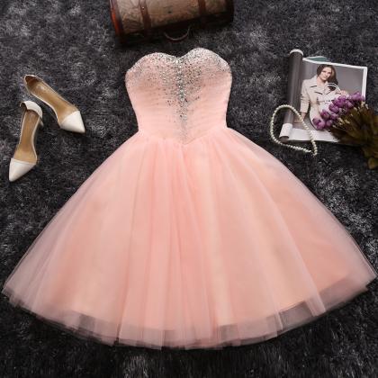 Pink Tulle Beads Short Prom Dress Homecoming Dress