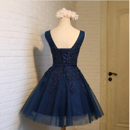 Dark Blue Lace Short Prom Dress Homecoming Dress