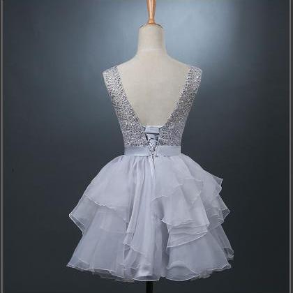 Gray Lace Short Prom Dress Homecoming Dress