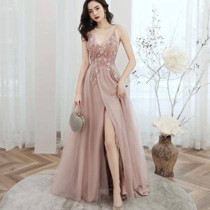 Cute V Neck Tulle Long Prom Dress Evening Dress