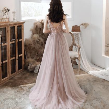 Cute V Neck Tulle Long Prom Dress Evening Dress