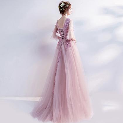 Pink Lace Long A Line Prom Dress Pink Evening..