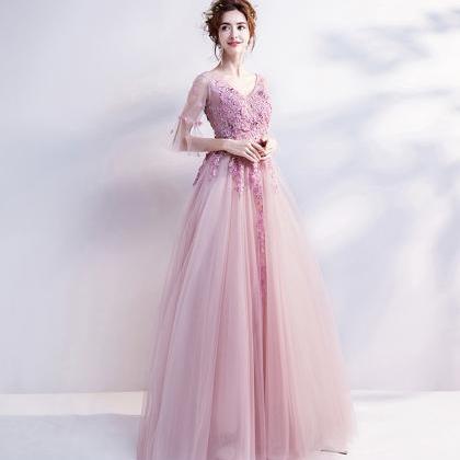 Pink Lace Long A Line Prom Dress Pink Evening..