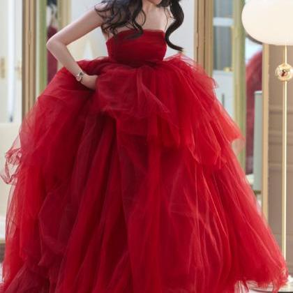 Red Tulle Long A Line Ball Gown Dress Red Evening..