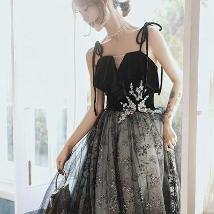 Black Tulle Sequins Long Prom Dress Black Evening..