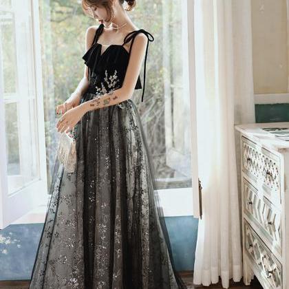 Black Tulle Sequins Long Prom Dress Black Evening..