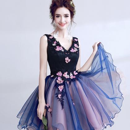 Blue V Neck Lace Short Prom Dress Homecoming Dress