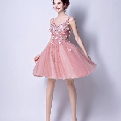 Pink Lace Short A Line Prom Dress Homecoming Dress