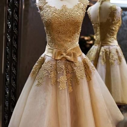 Gold Lace Short A Line Prom Dress Homecoming Dress