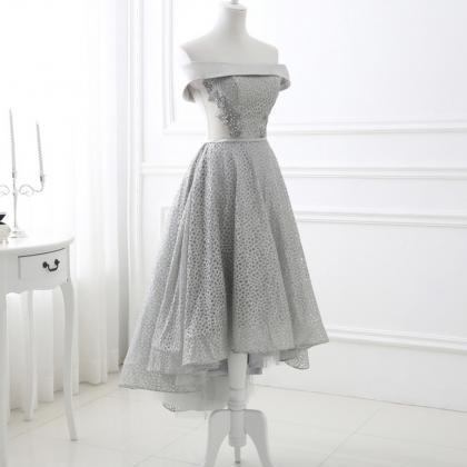 Gray Tulle Sequins High Low Prom Dress Homecoming..