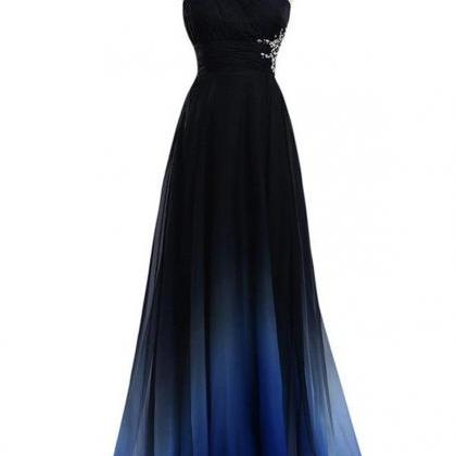 Blue Chiffon Long A Line Prom Dress One Shoulder..