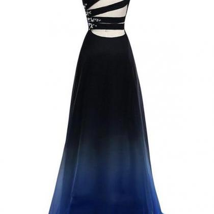 Blue Chiffon Long A Line Prom Dress One Shoulder..