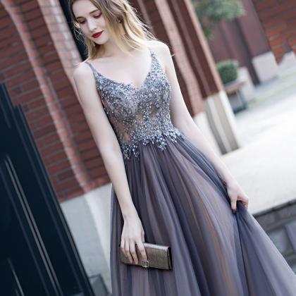 Cute V Neck Tulle Long A Line Prom Dress Evening..