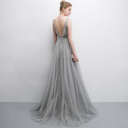 Gray Tulle Beads Long A Line Prom Dress Evening..