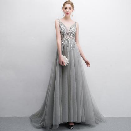 Gray Tulle Beads Long A Line Prom Dress Evening..
