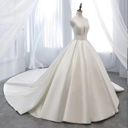 White Satin Long A Line Prom Dress Wedding Dress