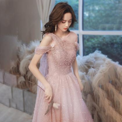 Pink Tulle Pearls Long A Line Prom Dress Evening..