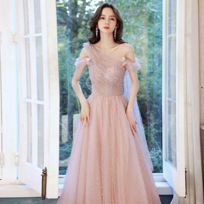 Pink Tulle Pearls Long A Line Prom Dress Evening..