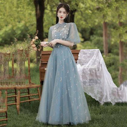 Blue Tulle Lace Long Prom Dress Evening Dress