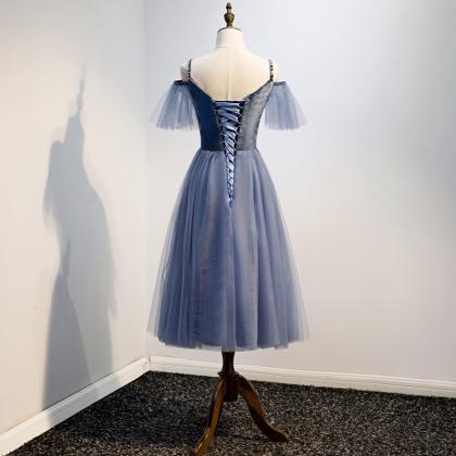 Blue Velvet Tulle Short Prom Dress Party Dress
