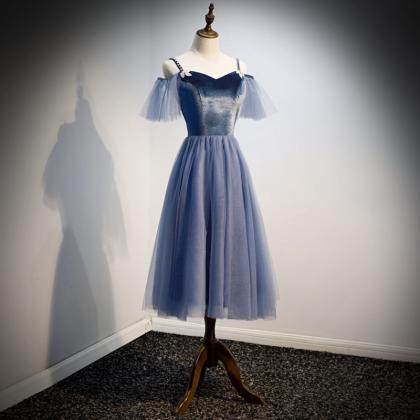 Blue Velvet Tulle Short Prom Dress Party Dress