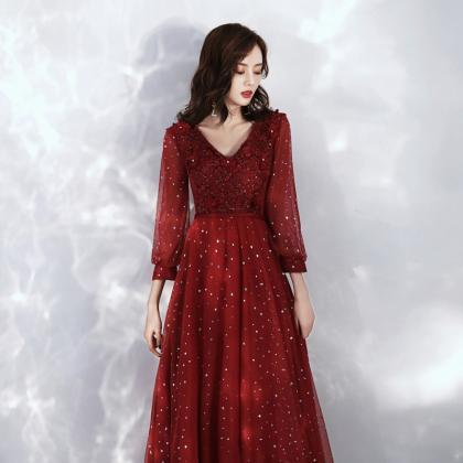 Burgundy Lace Long Prom Dress Evening Dress