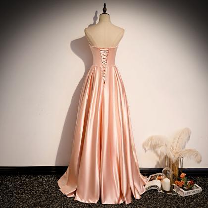 Pink Satin Long A Line Prom Dress Evening Dress