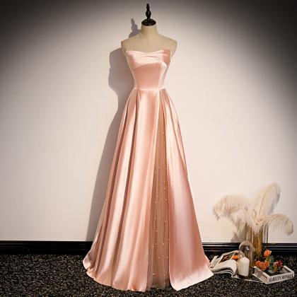 Pink Satin Long A Line Prom Dress Evening Dress