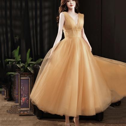 Yellow V Neck Tulle Short Prom Dress Homecoming..