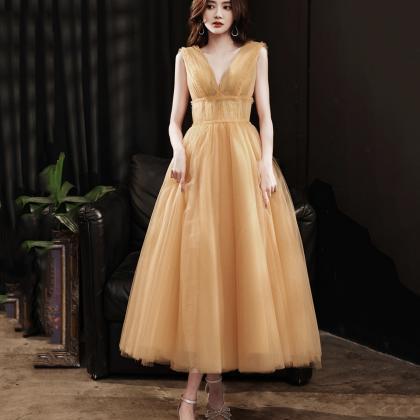 Yellow V Neck Tulle Short Prom Dress Homecoming..