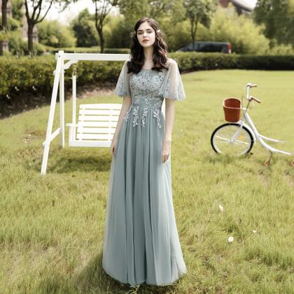 Green Tulle Lace Long A Line Prom Dress Cute..